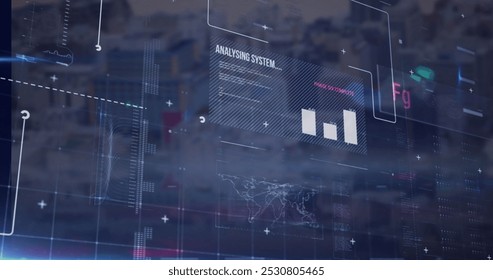 Image of interface with data processing against aerial view of tall buildings. Computer interface and business technology concept - Powered by Shutterstock