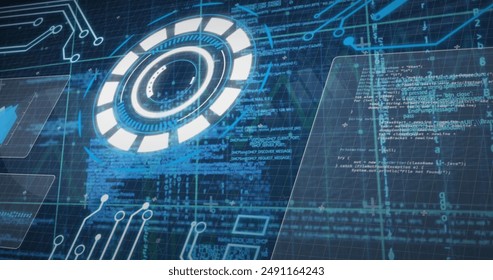 Image of interface with round scanner, data processing and microprocessor connections. Computer interface and business technology concept