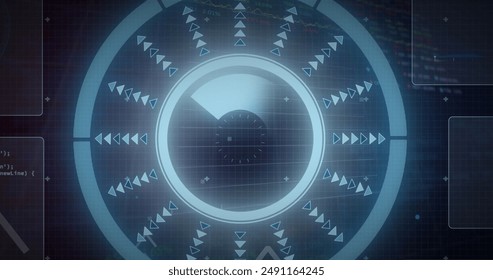 Image of interface with round scanner, data processing and microprocessor connections. Computer interface and business technology concept