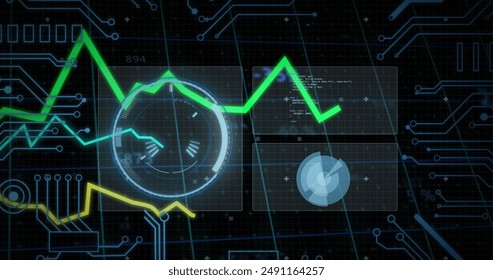 Image of interface with round scanner, data processing and microprocessor connections. Computer interface and business technology concept