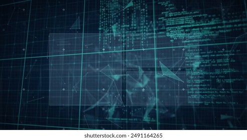 Image of interface with round scanner, data processing and microprocessor connections. Computer interface and business technology concept