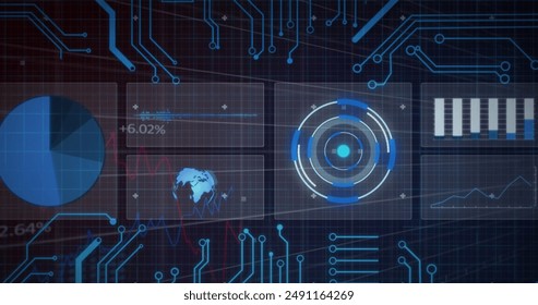 Image of interface with round scanner, data processing and microprocessor connections. Computer interface and business technology concept
