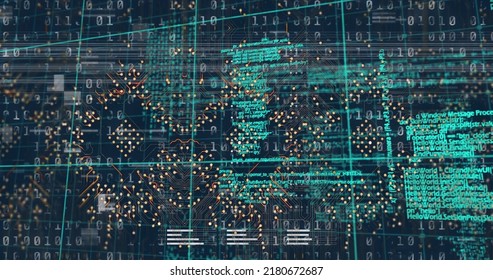 Image Of Interference Over Computer Circuit Board And Data Processing. Global Technology, Computing And Digital Interface Concept Digitally Generated Image.