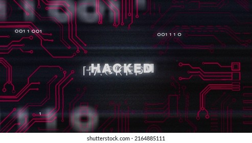 Image Of Interference Over Hacked Text, Data Processing And Computer Circuit Board. Global Technology, Computing And Digital Interface Concept Digitally Generated Image.