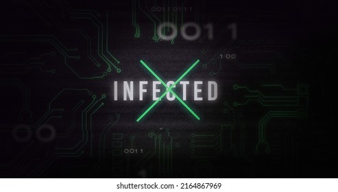 Image Of Interference Over Infected Text, Data Processing And Computer Circuit Board. Global Technology, Computing And Digital Interface Concept Digitally Generated Image.