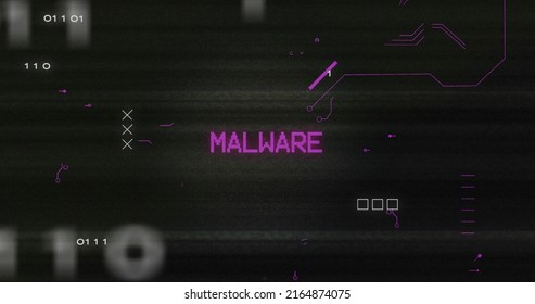 Image Of Interference Over Malware Text, Data Processing And Computer Circuit Board. Global Technology, Computing And Digital Interface Concept Digitally Generated Image.