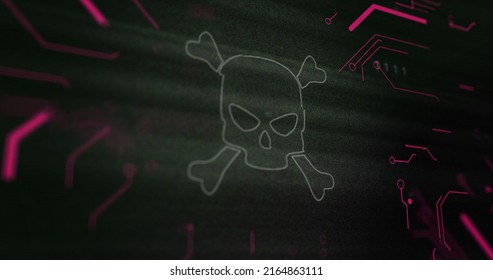 Image Of Interference Over Skull Icon, Data Processing And Computer Circuit Board. Global Technology, Computing And Digital Interface Concept Digitally Generated Image.