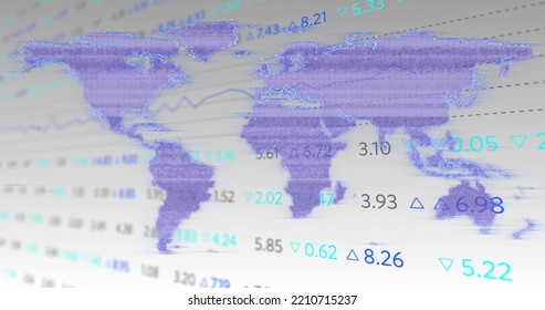 Image Of Interference Over World Map And Stock Market. Technology, Computing And Digital Interface Concept Digitally Generated Image.