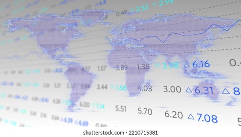 Image Of Interference Over World Map And Stock Market. Technology, Computing And Digital Interface Concept Digitally Generated Image.