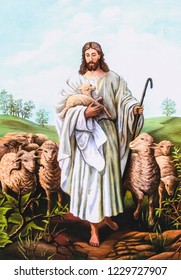 image of Jesus is the good shepherd by oil painting on canvas but modified by digital art style, christian concept background