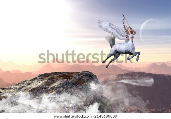 The image of a large-winged centaur, cloaked\
in thin clouds in the morning glow, heroically drawing his bow and\
arrow.3D illustration 3D\
rendering
