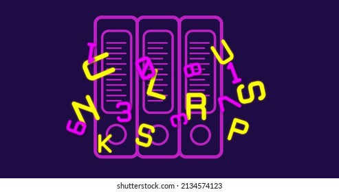 Image Of Letters And Numbers Over Files. National Administrative Assistant Day And Celebration Concept Digitally Generated Image.