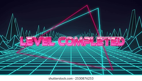 Image of level completed text over a grid with digital terrain. digital interface image game concept digitally generated image.