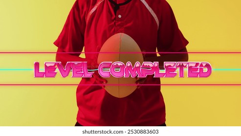 Image of level completed text over female rugby player on neon background. Sports and communication concept digitally generated image.