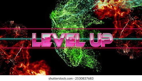 Image of level up text banner over digital waves against black background. image game interface and technology concept