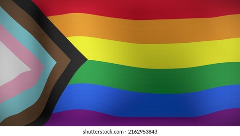 Image Of Lgbt Flag With Updated Gay Pride Colours Waving. Patriotism, Politics And Celebration Concept Digitally Generated Image.