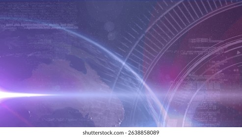 Image of light spots over globe and data processing. Global business, patriotism and digital interface concept digitally generated image.