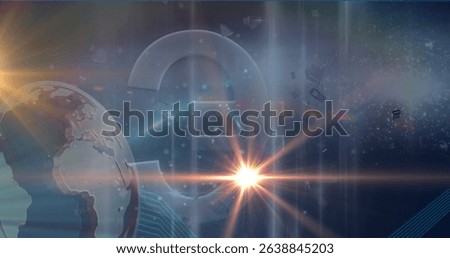 Image of light spots over globe and euro symbol against grey background. Global economy and business technology concept