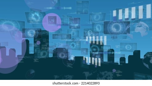 Image Of Light Trails And People Photographs Over Globe. Global Technology Connections And Data Processing Concept Digitally Generated Image.