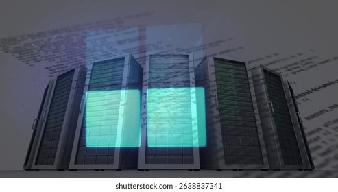Image of lights and data over servers. Network, data processing and technology concept digitally generated image.