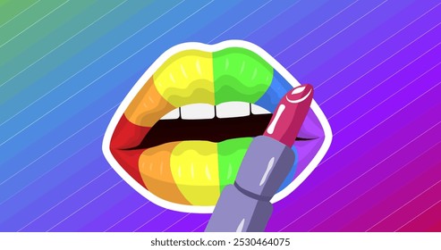 Image of lipstick over rainbow lips on colorful background. supporting lgbt rights and gender equality digitally generated image. - Powered by Shutterstock