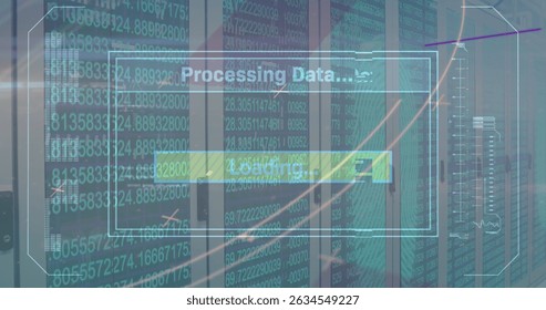 Image of loading and changing numbers over servers. Computers, data processing and technology concept digitally generated image.