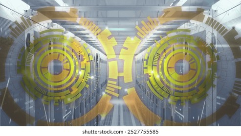 Image of loading circles over bars on data server racks in server room. Digital composite, multiple exposure, business, progress, data center, networking, technology and network server concept.