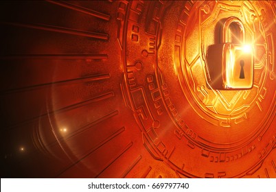 An Image Of A Lock And Circuit Traces Representing Cybersecurity. Image Is Created In Deep Reds, Oranges And Yellow Tones.