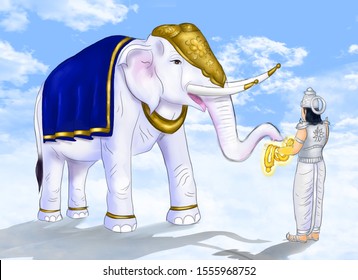 Image of Lord Indra putting the garland on his elephant Airavat