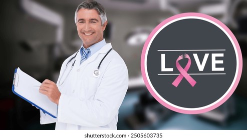 Image of love and breast cancer awareness ribbon over caucasian male doctor. breast cancer awareness and healthcare concept digitally generated image. - Powered by Shutterstock