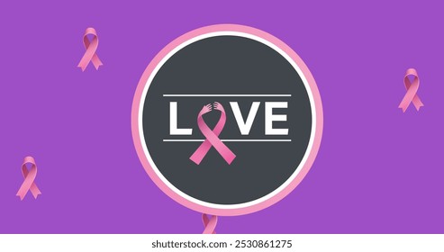 Image of love text with pink ribbon on purple background. breast cancer positive awareness campaign concept digitally generated image. - Powered by Shutterstock