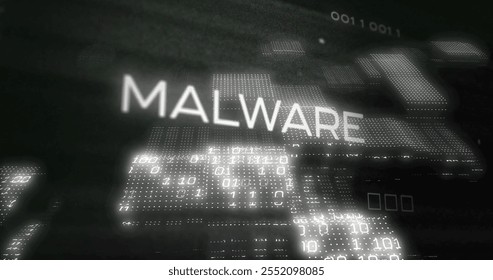 Image of malware text and digital data processing over black background. Global cyber security, connections, computing and data processing concept digitally generated image.