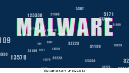 Image of malware text and numbers processing over blue background. Global online security, business, finances, computing and data processing concept digitally generated image.
