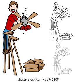 An Image Of A Man On A Ladder Installing A Ceiling Fan.