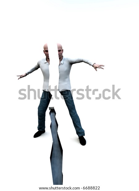 An image of a man standing above a dangerous deep\
crack on the ground in-between his feet. A good concept image for\
the diversion, the man himself is split in two. This could\
represent stress.