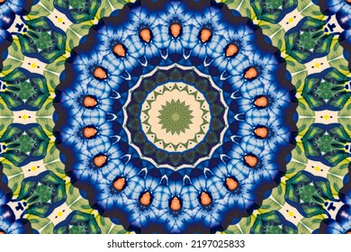 Image Manipulation To Create A Kaleidoscope Artistically. Blue And Green Circle Or Abstract Mandala Art Design.