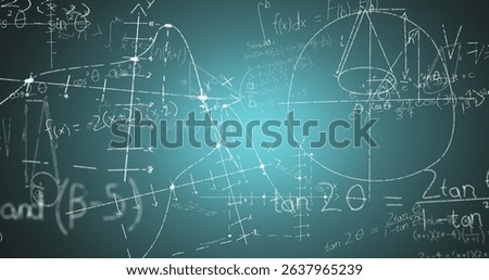 Image of math formulas on green background. Science, math, knowledge and education concept digitally generated image.