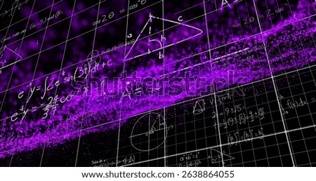 Image of math formulas and purple glitter on black background. Science, education and math concept digitally generated image.