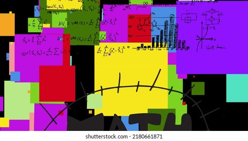 Image of math text and mathematical equations over colorful squares on black background. Global technology, computing and digital interface concept digitally generated image.