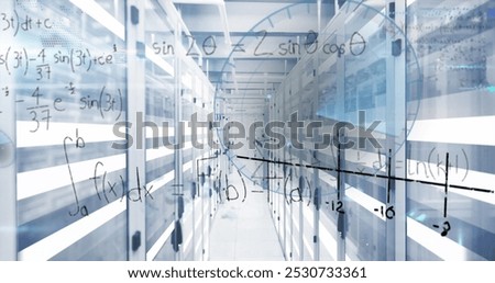 Image of mathematical equations, infographic interface, illuminated moving bars over server room. Digital composite, multiple exposure, sonar, globalization, report, finance and technology.