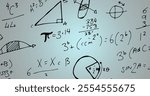 Image of mathematical equations on grey background. Data, mathematics, education, research, connection, processing and communication, digitally generated image.