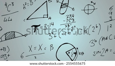 Image of mathematical equations on grey background. Data, mathematics, education, research, connection, processing and communication, digitally generated image.