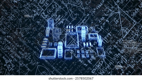 Image of mathematical equations over computer circuit board on black background. Global science, computing and digital interface concept digitally generated image.