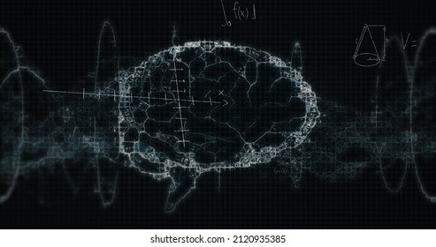 Image Of Mathematical Equations Over Digital Model Of Human Brain On Black Background. Global Medicine, Healthcare And Technology Concept Digitally Generated Image.