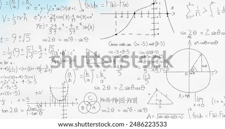 Image of mathematical equations over white background. Global education, science and digital interface concept digitally generated image.