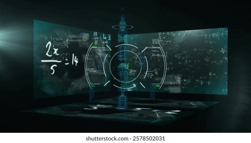 Image of mathematical equations and scope scanning on black background. Global science, computing and digital interface concept digitally generated image.