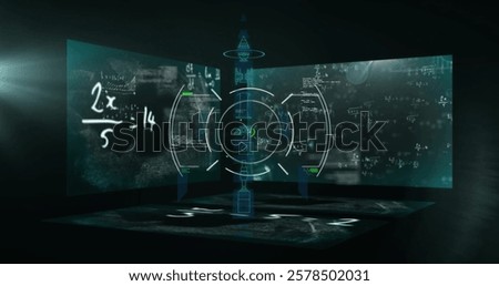 Image of mathematical equations and scope scanning on black background. Global science, computing and digital interface concept digitally generated image.