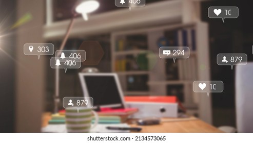 Image Of Media Icons Over Laptop In Empty Office. National Administrative Assistant Day And Celebration Concept Digitally Generated Image.