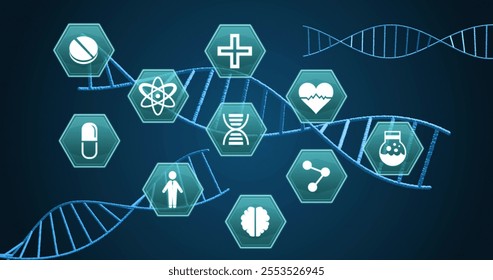 Image of medical icons over dna strands on blue background. Connection, science, medical research, healthcare, digital interface and communication, digitally generated image. - Powered by Shutterstock