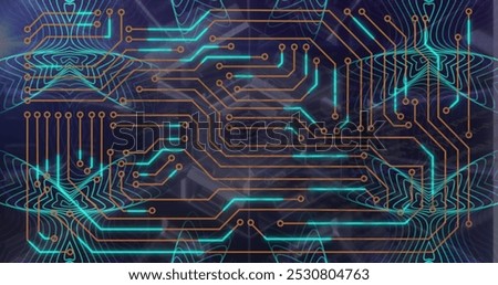 Image of microprocessor connections over neon tunnel and kaleidoscope structures in background. Computer interface and business networking technology concept